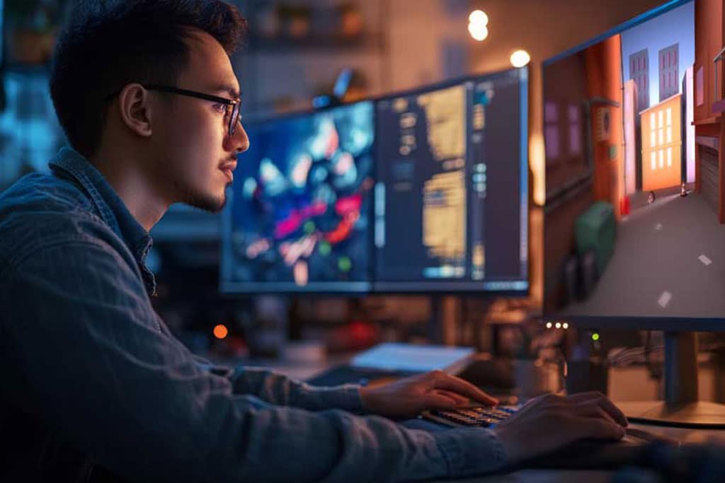 A young man wearing glasses and a denim shirt working on a 3D game design project at his computer. He is focused on the screen, which displays a 3D-rendered city street scene and lines of code, in a dimly lit workspace with multiple monitors.