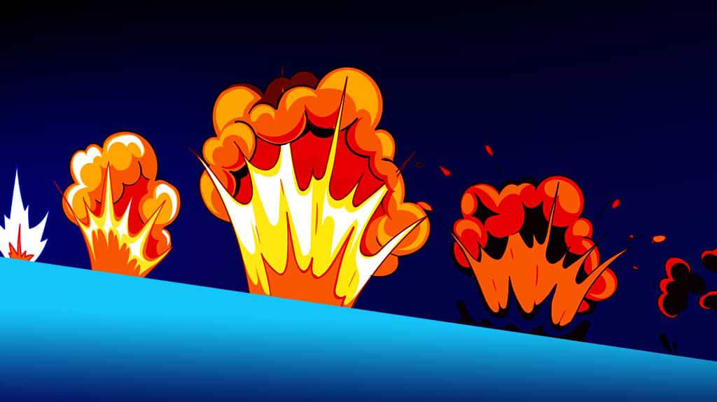 Illustration of explosive fiery bursts in motion with a vibrant orange and yellow color scheme, set against a dark blue background.
